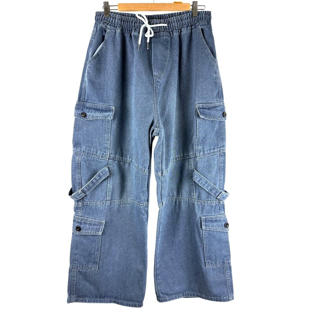 Utility Boho Grunge Wide Leg Cargo Drawstring Carpenter Denim Jeans, Women's XL